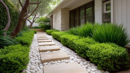 Serene Garden Pathway with Natural Stones, Lush Green Grass, and Decorative Gravel for Home Landscapes and Outdoor Design Ideas