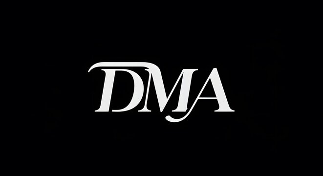 Elegant white serif typography logo for the letters DMA on a solid black background
