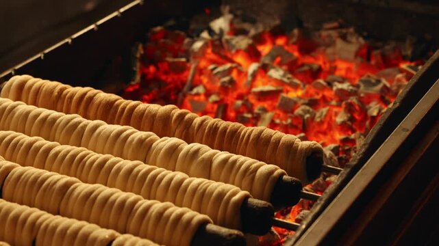 Spit cake cooking over an open fire using charcoal. Traditional and sweet food prepared at the Christmas market in the Czech Republic. The hot Trdeln&iacute;k is part of the Czech culture.