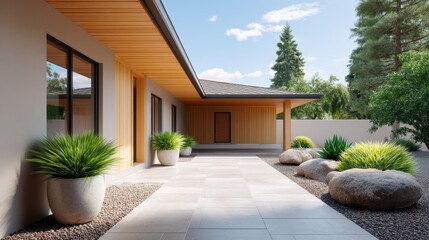 Modern architectural design of serene outdoor patio featuring natural elements and clean lines in a contemporary residential setting