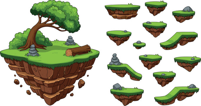 Floating island and grass platform vector set with trees and rocks for game environment and level design