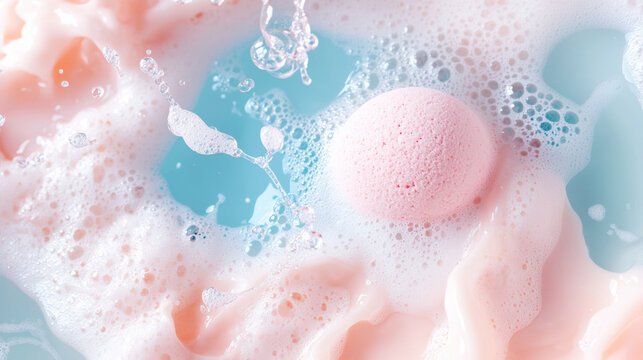 Pink bath bomb fizzing in blue water with white foam bubbles creating soft and relaxing atmosphere for self care and spa moments
