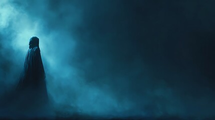 Mysterious hooded figure shrouded in blue fog. creating an eerie and atmospheric scene