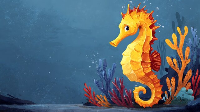 Bright orange seahorse swimming in deep blue ocean water surrounded by colorful coral reef and bub