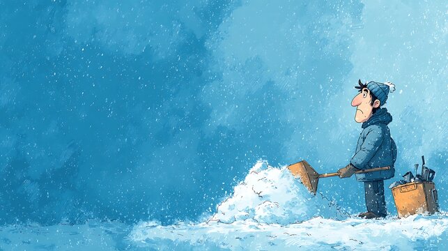 Man shoveling snow with a determined expression. blue winter storm background. isolated cartoon il