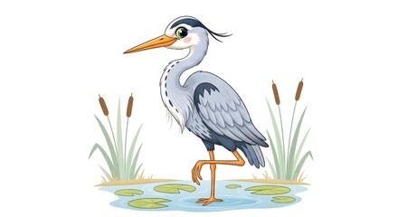 Fototapeta premium A friendly grey bird with a long beak standing in a peaceful pond surrounded by reeds