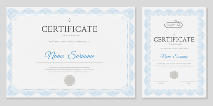 Elegant set of certificate and diploma templates in light blue. Vertical and horizontal layouts with a classic guilloche border. Editable vector design for business and achievements.