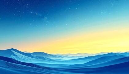 A serene landscape. The image depicts mountains under a celestial gradient of blue and yellow hues with stars