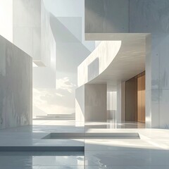 Obraz premium Modern architecture design of an empty building entrance featuring columns and a bright corridor hall within a 3d render office space concept