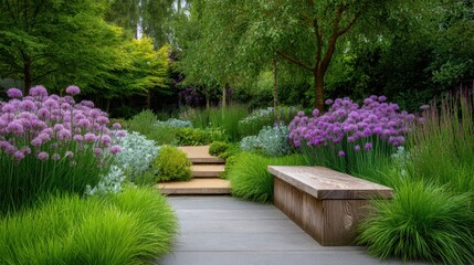 Fototapeta premium Serene Garden Pathway Surrounded by Lush Greenery and Vibrant Purple Flowers in a Tranquil Outdoor Space Perfect for Relaxation and Reflection