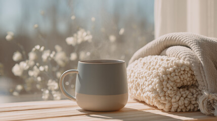 Fototapeta premium Cozy cup of coffee beside a warm blanket on a sunny window sill 