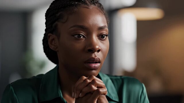 Thoughtful African American woman with braided hair, hands clasped, pondering seriously in a modern setting.