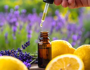 Dropper dripping oil into small amber bottle near lavender & lemons