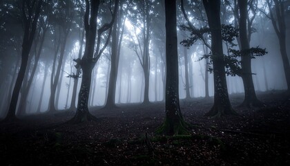 Eerie forest scene with tall trees, fog, and moody, dim lighting
