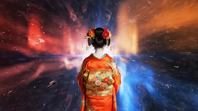 Person in traditional orange kimono looking at vibrant cosmic nebula background