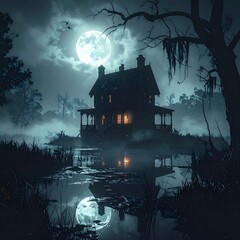 Eerie night scene spooky house reflects in still water beneath full moon