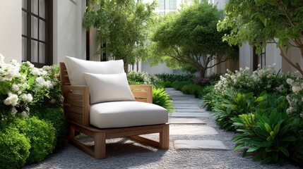Obraz premium Serene Garden Pathway with Modern Wooden Chair Surrounded by Lush Greenery and Beautiful Flowers in a Bright Residential Setting