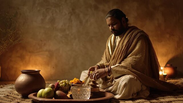 Devotee Performing Vaishakh Purnima Rituals with Traditional Offerings and Spiritual Devotion in a Sacred Setting