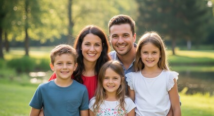 Obraz premium Happy family of five posing together outdoors in a park