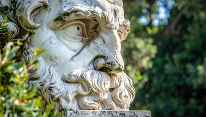 Fototapeta premium Ancient Marble Sculpture of a Bearded Man in a Lush Garden Setting.