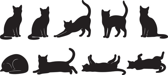 A diverse collection of black silhouette cats in various playful and relaxed poses showcasing feline elegance and grace Vector © Ripon