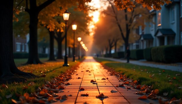 Lighting along a park walkway featuring contemporary lamp posts and residential background, urban safety lighting, Earth Day, created with generative ai