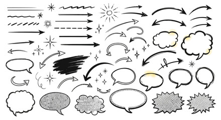 A comprehensive set of hand-drawn graphic elements including arrows, lines, speech bubbles, and decorative sparkles, ideal for design projects.