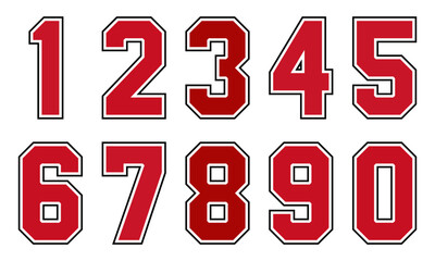 red with black outline classic sport uniform number set, college basketball or baseball team shirt design elements, scoreboard items collection