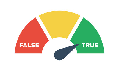 true false gauge with red left and green right sectors vector icon, truth lies scale, indicator in green true zone