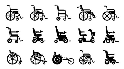 Fototapeta premium Collection of various wheelchair icons and illustrations.