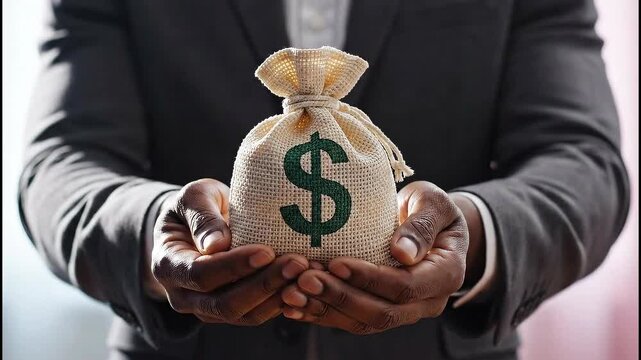 A person holding a money bag with a dollar sign in their hands, viewed from the front