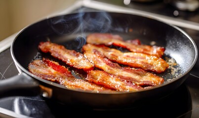 Bacon frying in a pan.