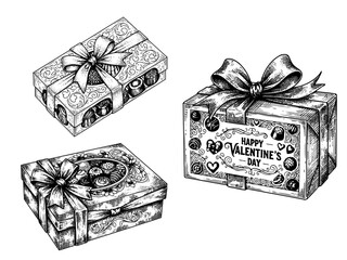 Artisan chocolate gift box engraving illustration for Valentine packaging