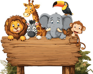 Obraz premium Cute jungle animals behind wooden sign, cartoon wildlife illustration with lion elephant giraffe zebra monkey toucan, tropical forest background design