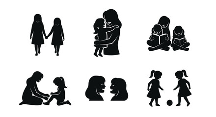 Black silhouettes of mothers and daughters family bonding moments parent child relationships love and care