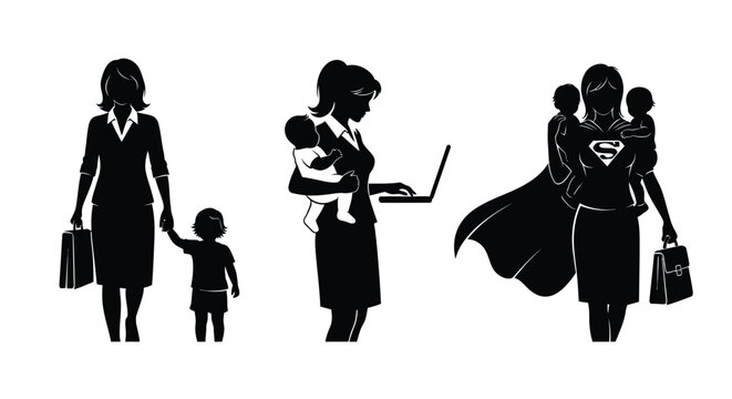 Silhouettes of multitasking mothers balancing work and family life with children