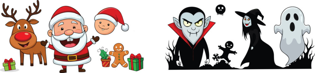 Cute Christmas Santa with reindeer and gifts combined with spooky Halloween vampire witch ghost characters creating fun festive holiday contrast artwork © MDALRAFIN