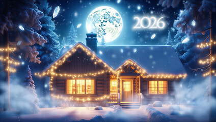 Fototapeta premium Cozy Log Cabin in Snowy Winter Wonderland with Full Moon, Festive Lights & 2026 New Year's Eve Celebration