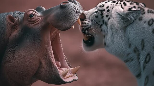 Hippopotamus and Leopard Facing Off Aggressively.