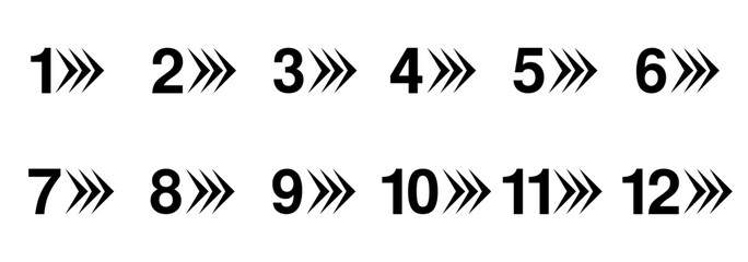 black twelve bullet points, from 1 to 12 dotted triangle arrow markers, vector infographics elements