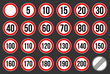 speed limit road sign collection, start and finish limitation zone traffic signs, white red round icons set