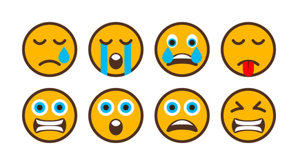 cry and fear emotion icons, different emoticons yellow round vector emoji set, mobile app or web page symbols collection