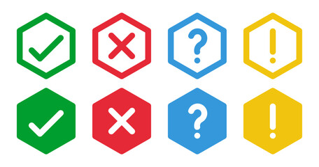 green check and red cross symbols, blue question mark and yellow exclamation point, octagonal thin line vector signs, solid octagon icons set