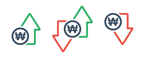 korean won coin with green up an red down arrows, national currency cost trend, rise or fall exchange rate, positive or negative trend forecast