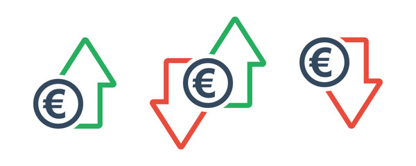 euro coin with green up an red down arrows, national currency cost trend, rise or fall exchange rate, positive or negative trend forecast