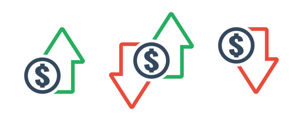 dollar coin with green up an red down arrows, national currency cost trend, rise or fall exchange rate, positive or negative trend forecast