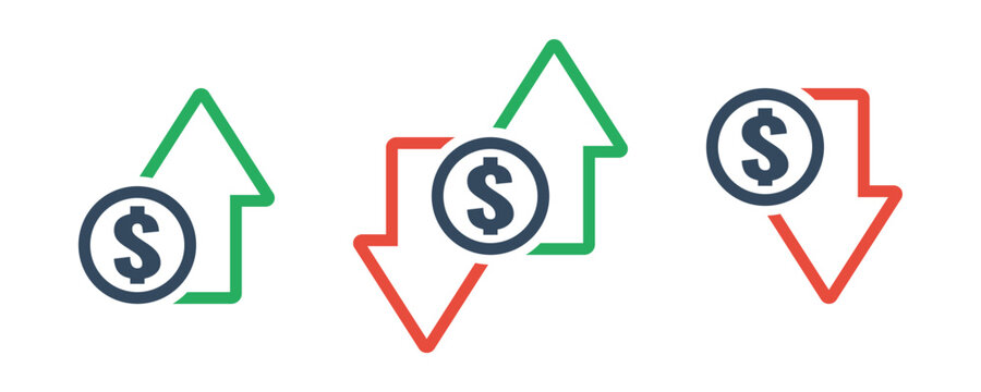 dollar coin with green up an red down arrows, national currency cost trend, rise or fall exchange rate, positive or negative trend forecast