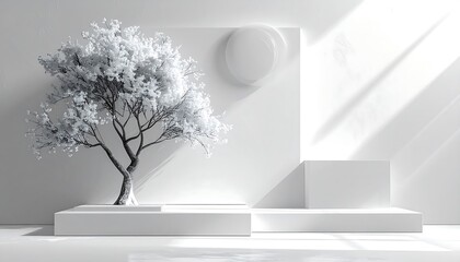 A serene, minimalist white-toned scene. A tree with delicate, snowy-white foliage stands on a platform in sunlight. Geometric shapes add to the calm