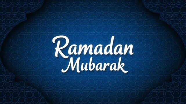 "Elegant Ramadan Mubarak greeting featuring white script typography on a dark blue textured background with subtle Islamic geometric patterns and a decorative arch frame."