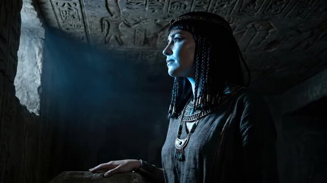 ancient egyptian outfit. A woman dressed in ancient Egyptian attire stands in a dimly lit tomb, illuminated by a beam of light that highlights her regal features and intricate jewelry